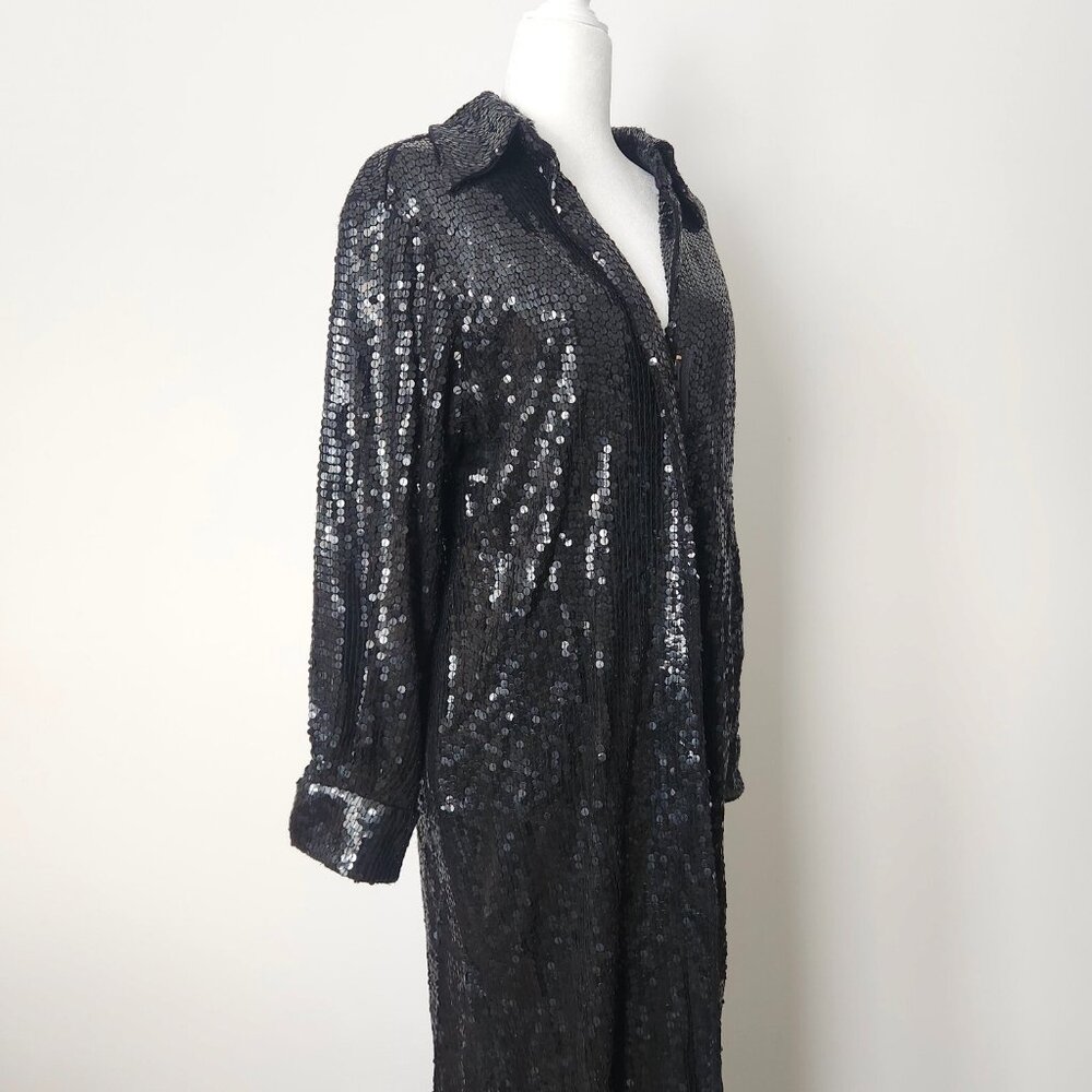 Vintage Halston Sequin Maxi Dress Size 12 Black Zip Collared‎ Formal Party 90s - Picture 9 of 16